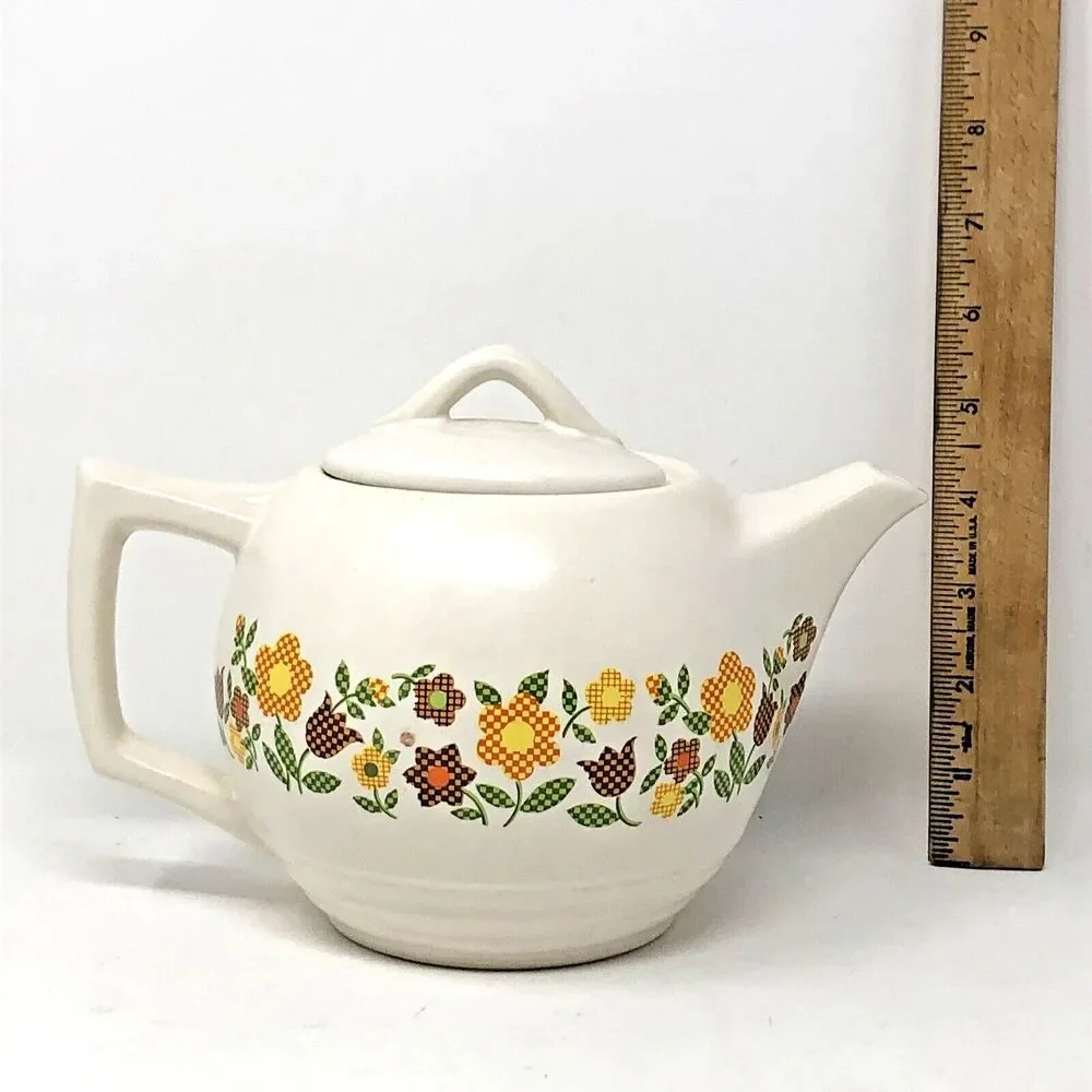 McCoy Pottery Teapot Vintage 70s Gingham Flowers Cottagecore Farmcore# 140 USA